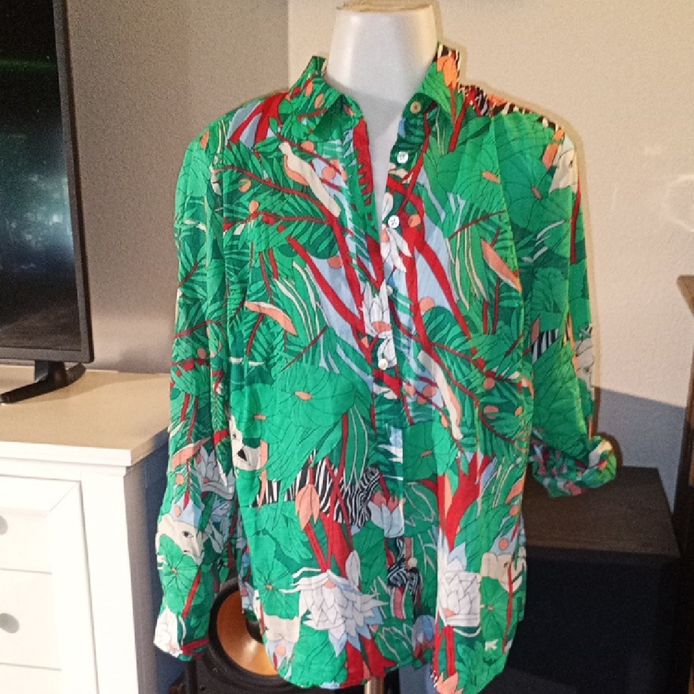 Talbots Green Floral & Tiger Print Lightweight Shirt Size medium P